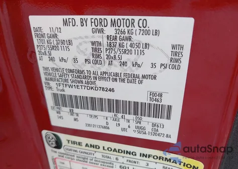 2013 Ford F-150 Xlt from USA, damaged, VIN 1FTFW1ET7DKD78246